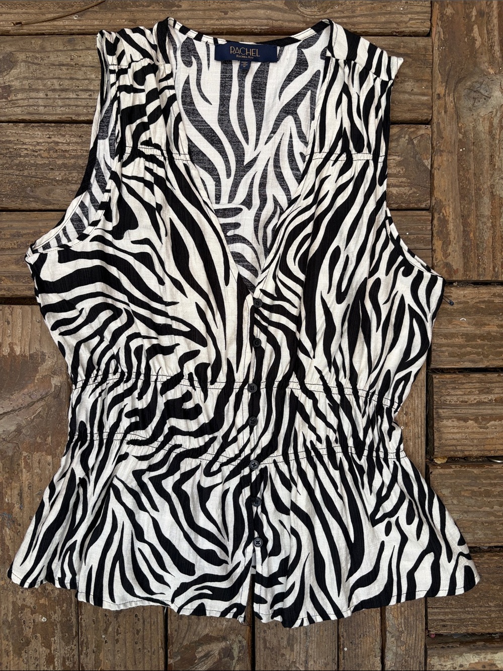 Rachel Black & White Zebra-Print Sleeveless Peplum Blouse